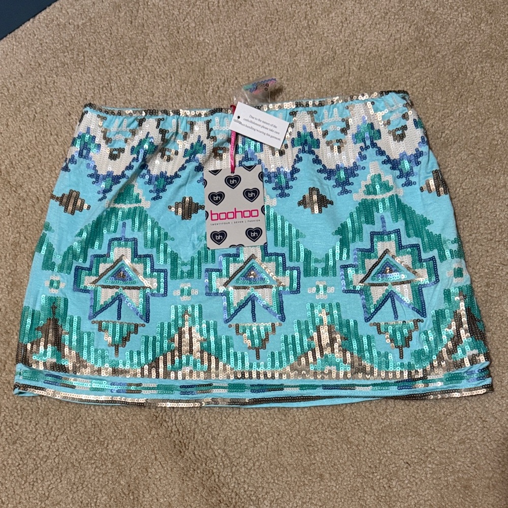 Boohoo Turquoise and Silver Patterned Mini Skirt
